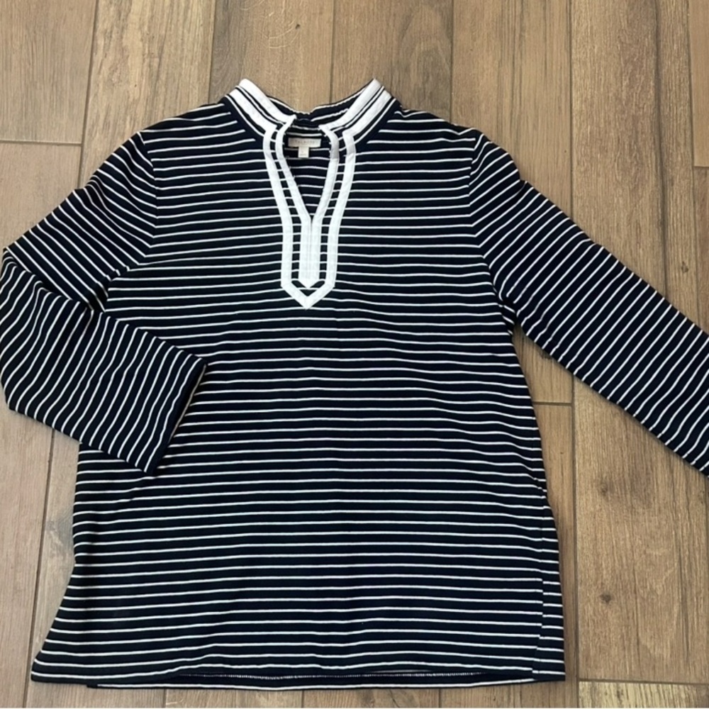 Talbots Navy White Nautical  Striped Top L 3/4 Sleeve Split Neck Cotton Spandex